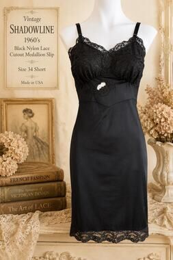 Vintage Shadowline 1960s Black Nylon Lace Cutout Medallion Slip Short 34